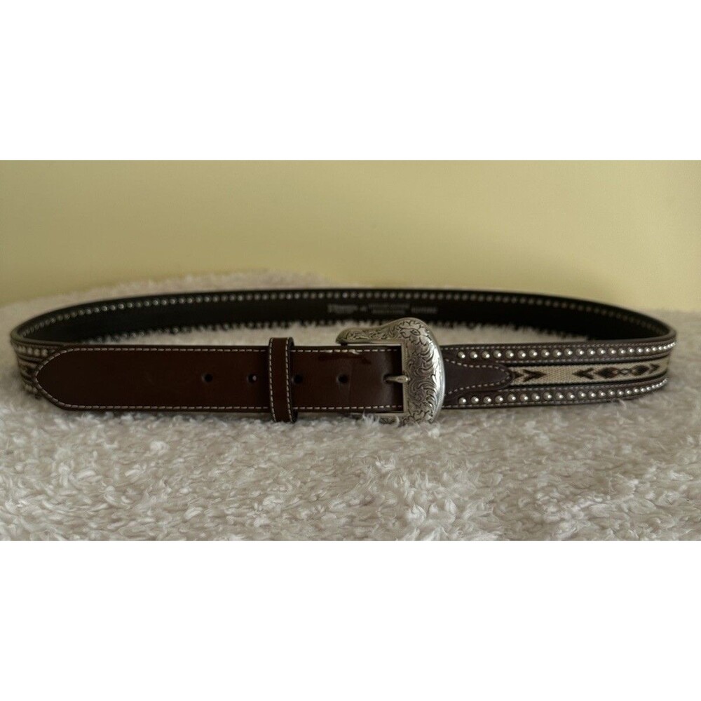 Nocona Leather Brown Belt With Etched Engraved Silver Buckle Tribal Cowboy Sz 46